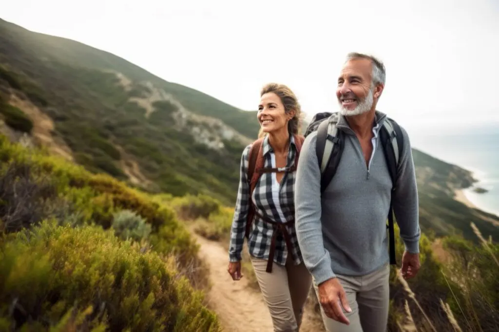 Senior couple admiring the scenic Pacific coast while hiking, filled with wonder at the beauty of nature during their active retirement